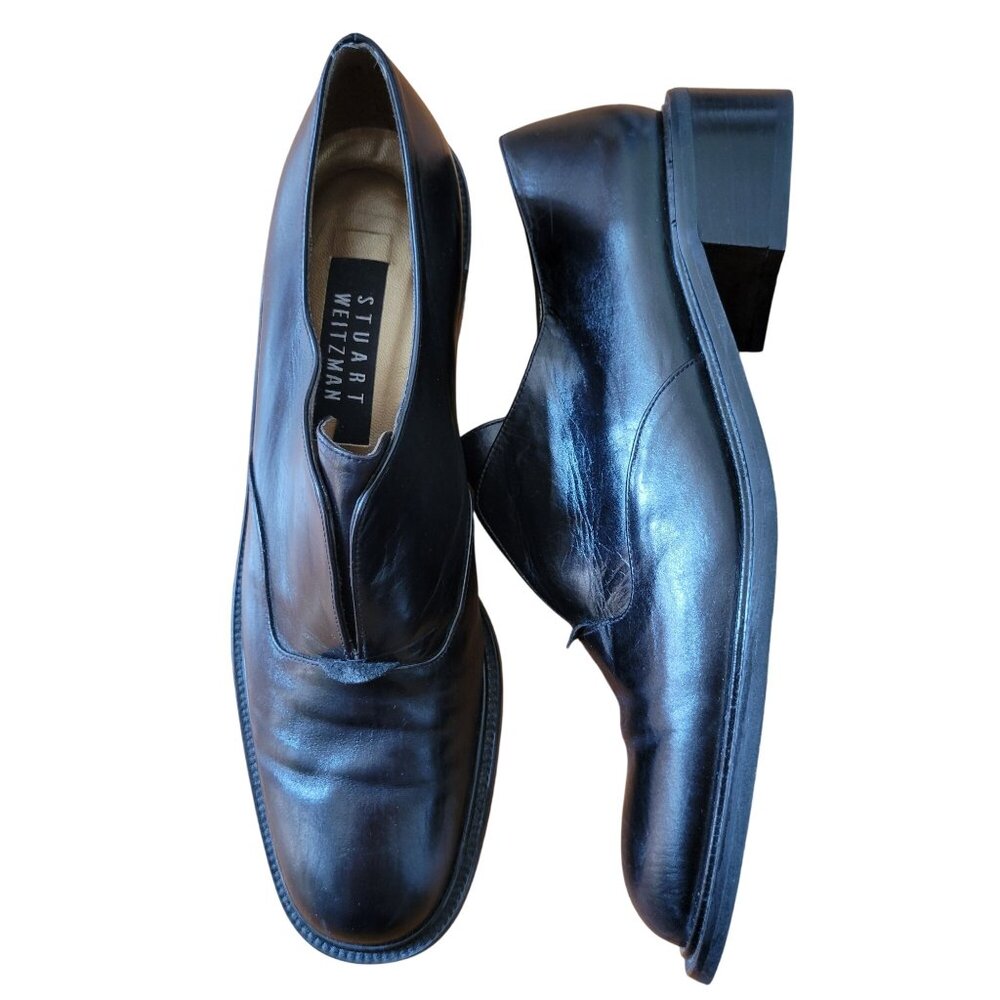 Stuart Weitzman Black‎ Leather Slip On Shoes 7W Spain Chunky Heels 90s Y2K